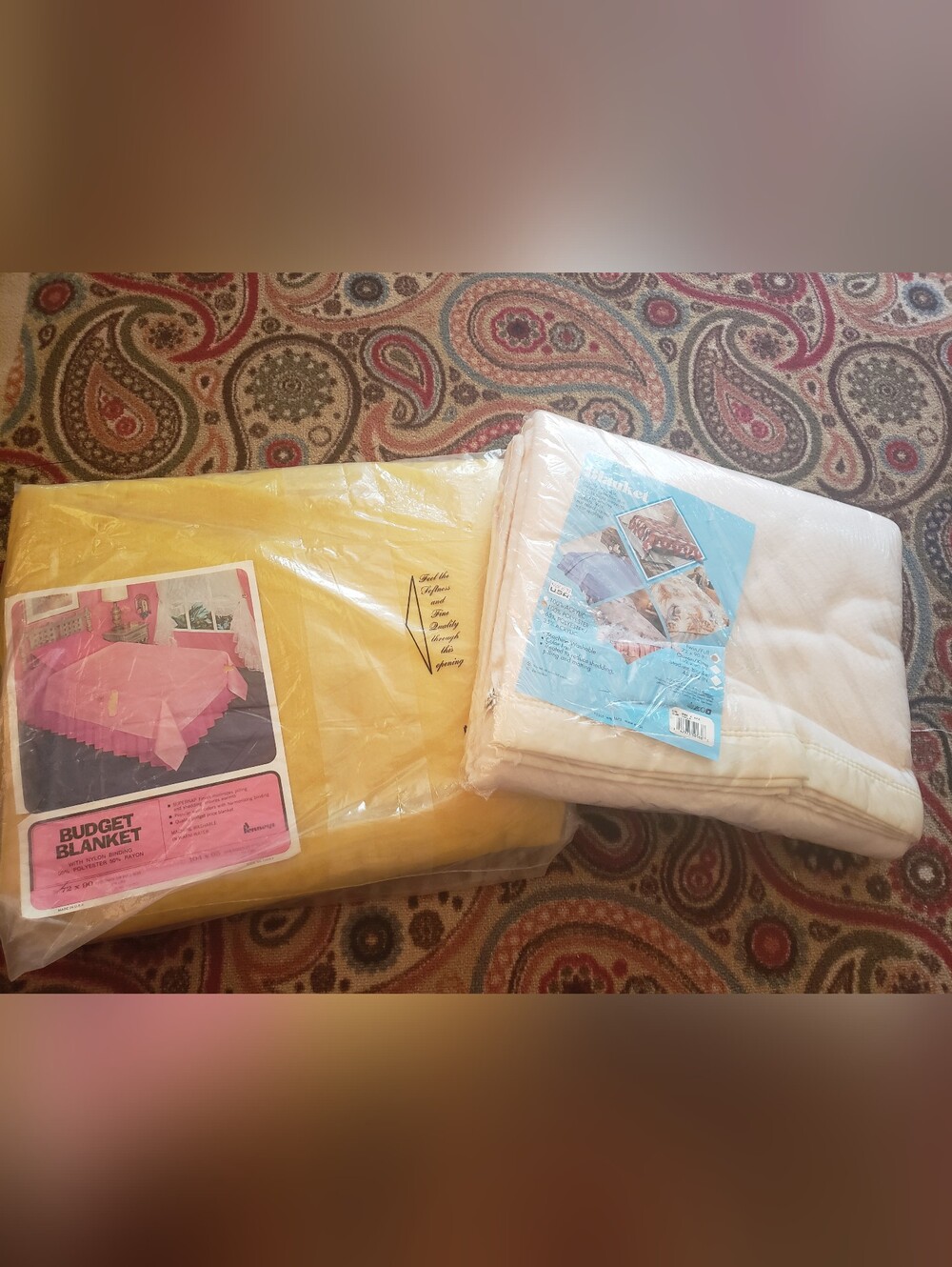2 - VINTAGE NEW Acrylic Blankets - Twin/Full - Gold JC Penney/Cream Generic -